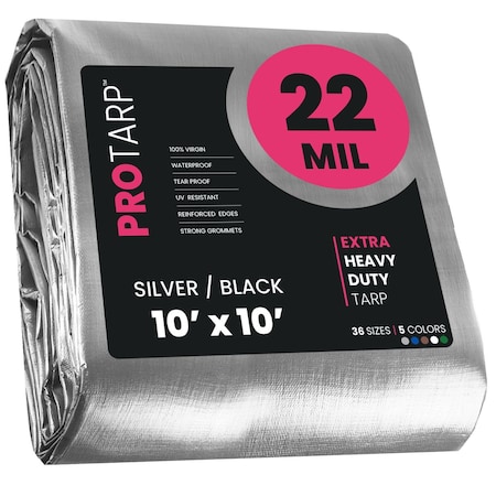 Protarp Heavy Duty Tarp, 10 ft x 10 ft, 22 Mil, Silver/Black, Polyethylene, Waterproof, Rip and Tear Proof PT-201-10X10